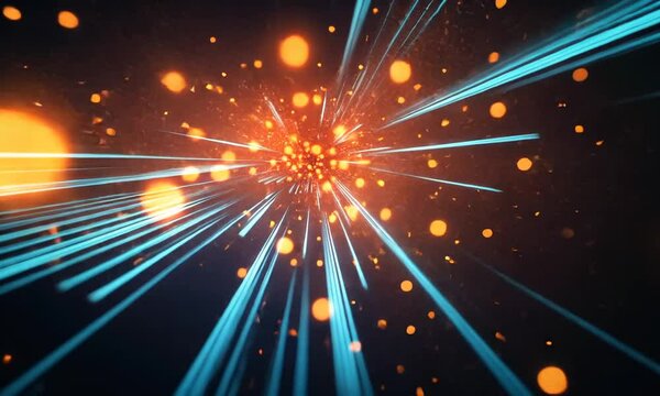 Abstract glowing background with blue lines and orange particles.