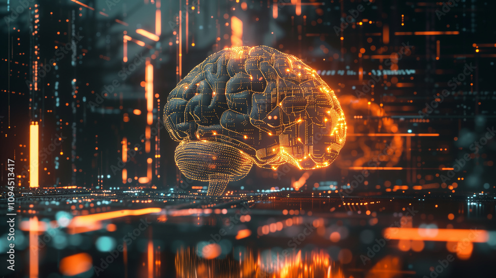 Poster an augmented reality hologram of a human brain interwoven with digital code and glowing neural netwo