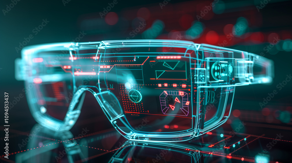 Poster augmented reality glasses projecting a 3d blueprint of a cybersecurity framework, highlighting threa