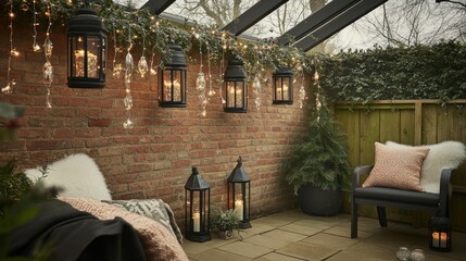 Cozy indoor garden space with lanterns and decorative lights for relaxation.