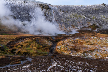 Scenic view of Reykjadalur hot springs area in Iceland, popular tourist destination