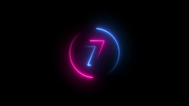 10 second countdown timer animation with neon number text glowing from 10 to 1 with interesting circle animation. Top ten countdown animation text , neon light numbers from 10 to 1