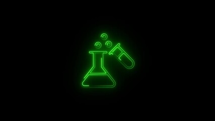 Neon Test tube and flask chemical laboratory test icon isolated on black background. Laboratory chemical beaker icon animation.
