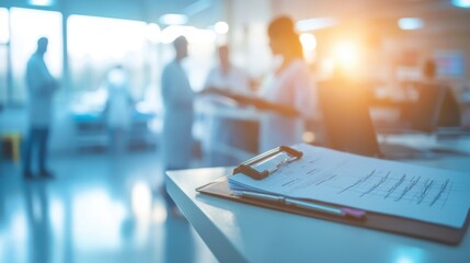 Obraz premium A clinical setting with medical professionals discussing patient care and a clipboard in focus.