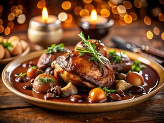 Captivating Coq au Vin with Bokeh Effect, Showcasing Rich Colors and Textures of French Cuisine, Perfect for Foodies and Culinary Enthusiasts Seeking Authentic French Dishes