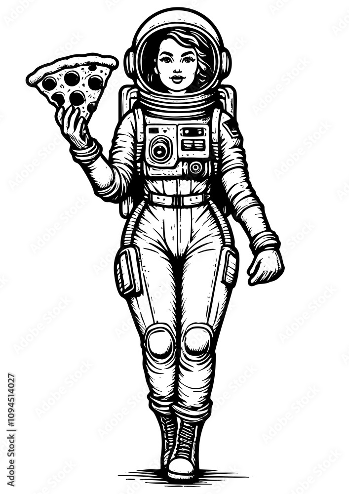 Poster astronaut with slice of pepperoni pizza in space, surrounded by stars in a retro style sketch engrav