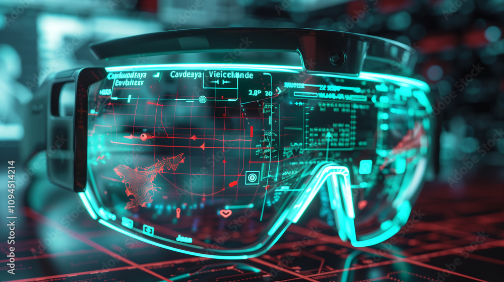 Poster augmented reality glasses projecting a 3d blueprint of a cybersecurity framework, highlighting threa