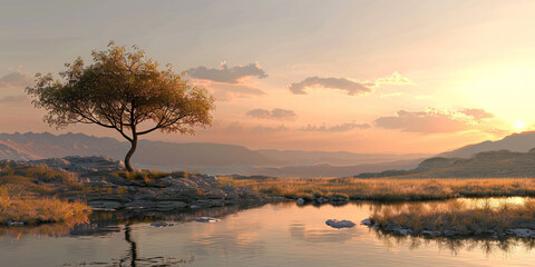 Fototapeta premium A lone tree by a tranquil lake reflecting the warm hues of a sunset with mountains in the background.