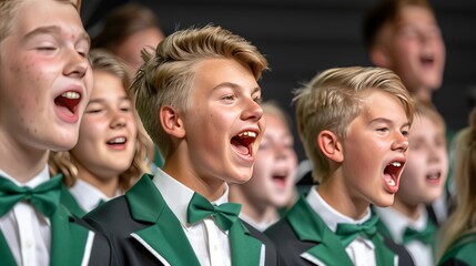 European choir concert in cathedral  students in white and green uniforms perform under conductor