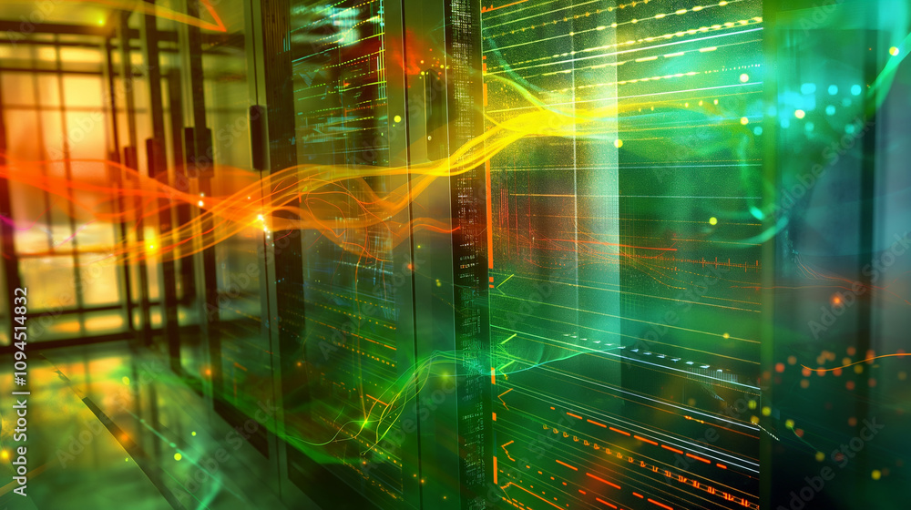 Poster holographic data streams and codes swirling around a transparent server rack in a high-tech lab, sym