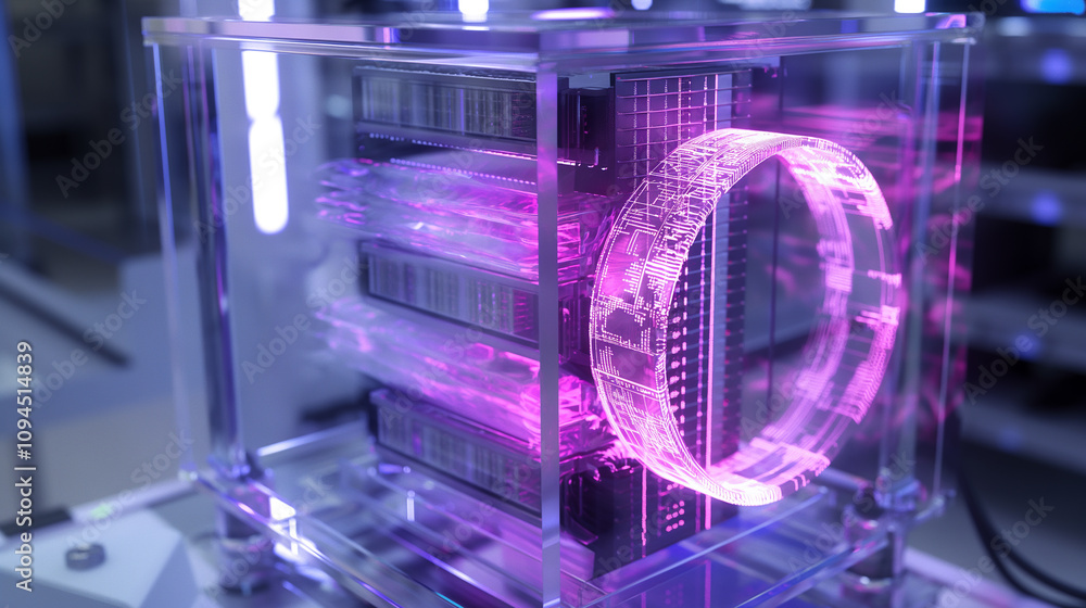 Poster holographic data streams and codes swirling around a transparent server rack in a high-tech lab, sym