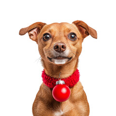 Playful dog with christmas ornament indoor home setting pet photography whimsical environment close-up view