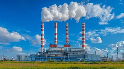 Obraz premium A large industrial plant with four tall red and white towers. The sky is clear and blue. The smoke from the plant is rising into the sky