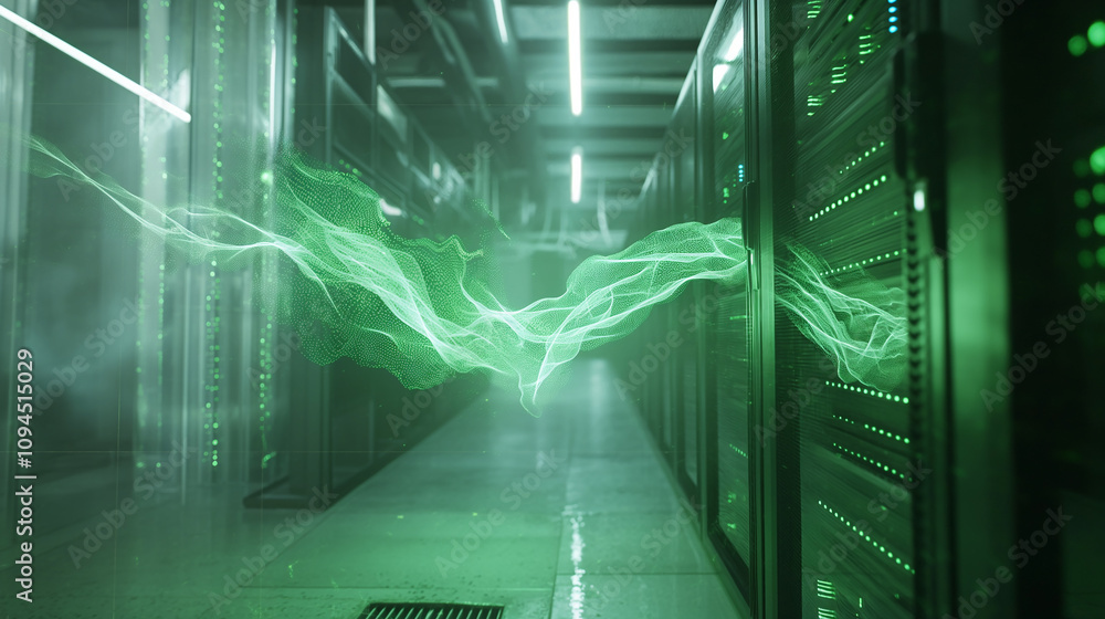 Poster holographic data streams and codes swirling around a transparent server rack in a high-tech lab, sym