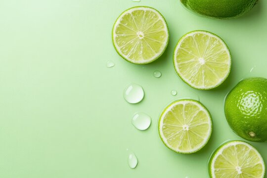 Refreshing iced lime drink with fresh garnish on green background