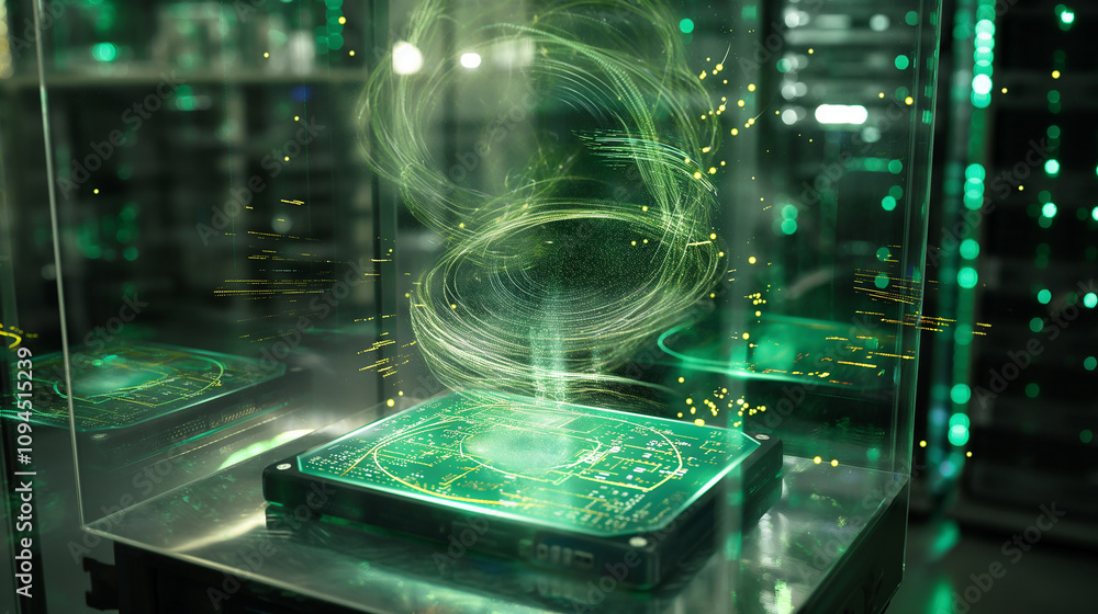 Poster holographic data streams and codes swirling around a transparent server rack in a high-tech lab, sym