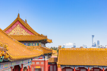 Modern skyline and historic Forbidden City in Beijing, China