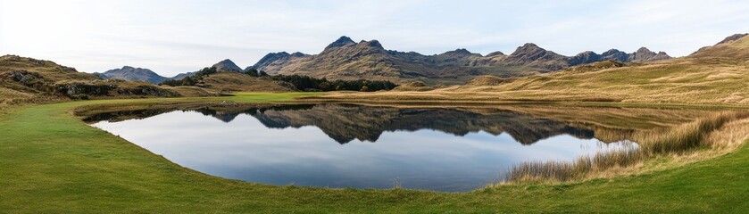 Obraz premium A serene landscape featuring a tranquil pond surrounded by majestic mountains and lush greenery under a clear sky.