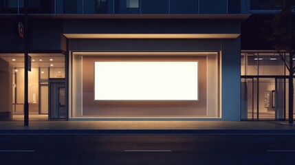 3D store front with blank signage at night