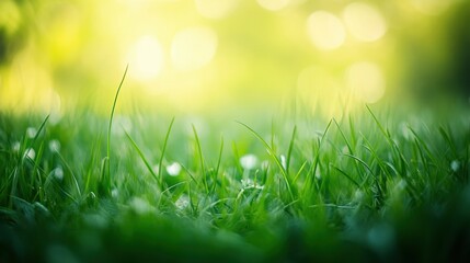Obraz premium A close-up view of green grass with a soft, blurred background, evoking tranquility.