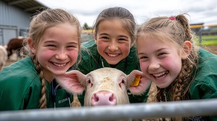 Young Students Examining Animals on a Farm with Joyful Teamwork
