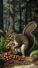 Obraz premium A squirrel gathers acorns in a forest setting, showcasing its natural behavior.