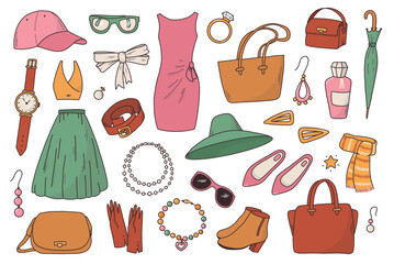 Colorful fashion doodles, women's clothes and accessories for stickers, prints, cards, posters, banners, social media, etc. EPS 10