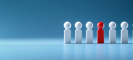 A row of white human figures with one red figure in the middle on a blue background, symbolizing a leader or team manager