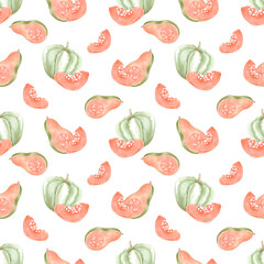 Hand drawn watercolor autumn pumpkins with pieces seamless pattern isolated on white background. Rural illustration Can be used for textile, fabric, scrapbook and other printed products.