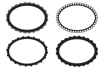 Scalloped border curve lace frame set. Silhouette frilly figure, stamp curvy edge. Wiggle decoration, tag, vintage sticker.