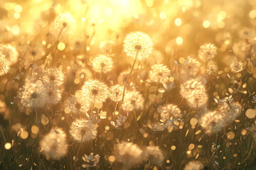 Field of white dandelions with the sun shining on them. The flowers are scattered throughout the field, with some closer to the foreground and others further back