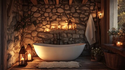 Romantic Rustic Bathroom with Stone Wall, Candles, and Freestanding Tub