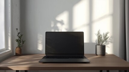 Fototapeta premium A minimalist workspace featuring a laptop on a wooden desk, with plants and natural light creating a calm atmosphere.