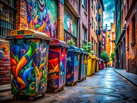Captivating Portrait Photography of Colorful Cassonetti in an Urban Setting, Showcasing Artistic Graffiti and Textures Amidst a Vibrant Cityscape, Perfect for Urban Art Enthusiasts and Creatives
