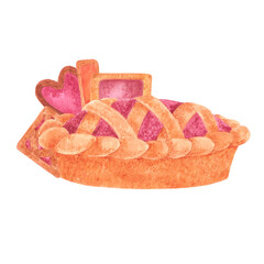 Hand drawn watercolor autumn berry tart with cookies and gingerbread composition isolated on white background. Can be used for postcard, label, scrapbook and other printed products.