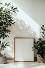 Bright minimalist indoor decor with blank frame and green plants