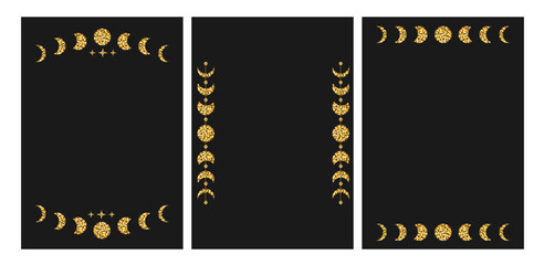 Set of vertical poster mystic glitter magic moon line. Crescent golden shiny moons and stars dividers. Background with astrology ornament.