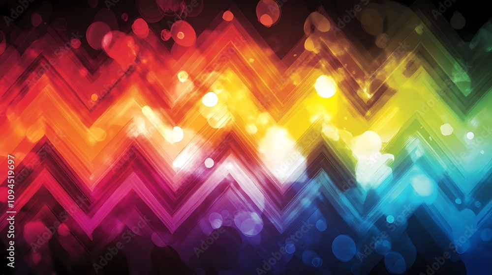 Poster a vibrant, abstract design featuring colorful zigzag patterns and soft light effects.