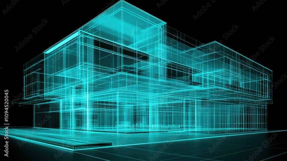 Poster a digital architectural model showcasing a modern building in a wireframe design.