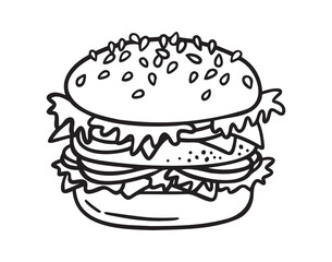 Hamburger doodle icon, burger hand drawn sign. Outline hamburger, burger line.