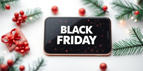 Festive Black Friday Sales Alerts on Hyper Realistic Smartphone Screen with Copy Space for Text on White Background, Holiday Shopping Concept,  Smartphone,  Holiday Shopping,  Black Friday