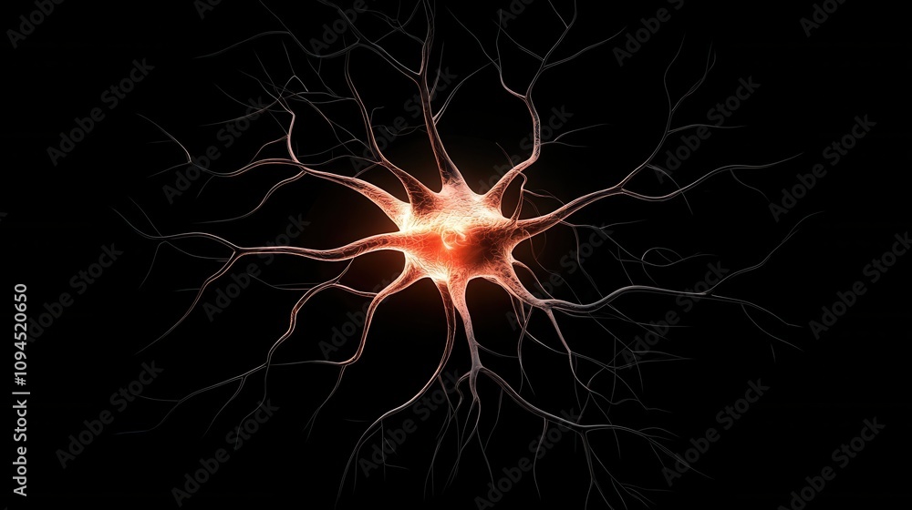 Poster a glowing neuron with intricate branches against a dark background, symbolizing neural connections a