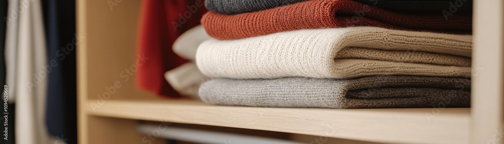 Poster a neatly organized shelf displaying various folded sweaters, showcasing a warm color palette and a t