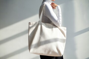 White tote bag with smooth fabric over shoulder of person in white turtleneck, soft gray background and gentle shadows for a minimalist modern look
