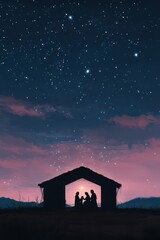 Silhouette of Holy Family in stable under starry night sky