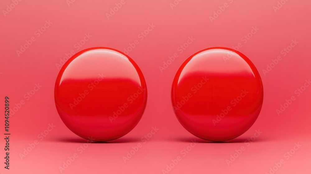 Poster two glossy red spheres are positioned side by side against a smooth red background, creating a minim