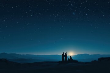 Fototapeta premium Silhouette of Holy Family in stable under starry night sky