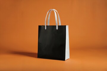 Blank white tote bag with white handles upright on solid orange background, featuring clean design with bold contrast and subtle ground shadows
