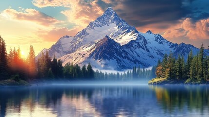 Mountain landscapes, scenery mountain, Early morning mist on mountain lake pine trees and soft watercolor scenery.