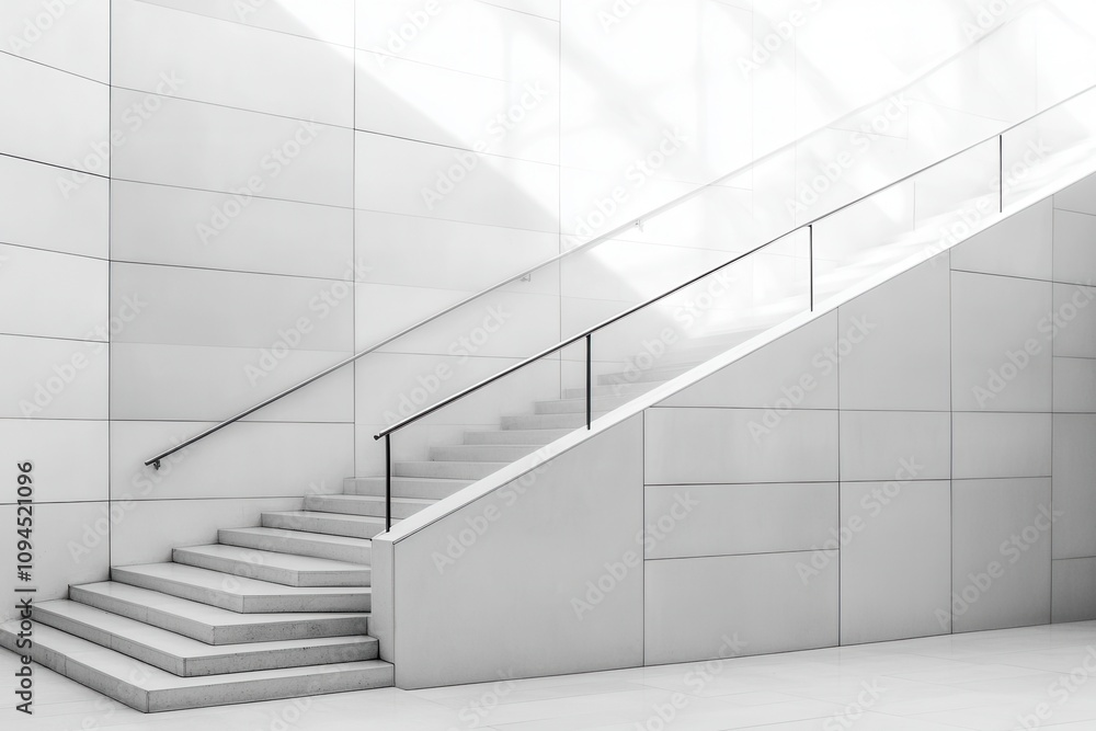 Poster a modern staircase with a minimalist design and clean lines in a bright, open space.